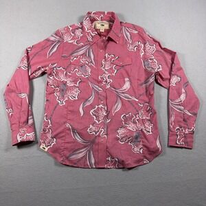 Western Aloha Shirt Mens Large Pink Floral Hawaiian Western Snap Long Sleeve